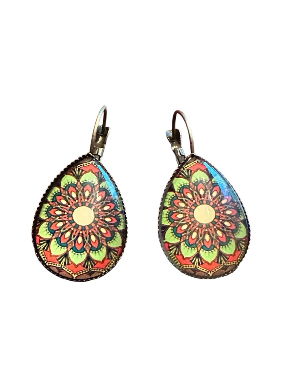 Vintage Colorful Floral Design on Teardrop Drop Earrings